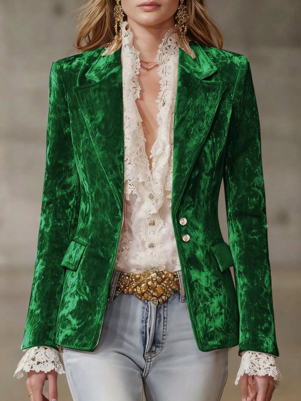 Green Elegant Women's Single-Breasted velvet Blazer Jacket